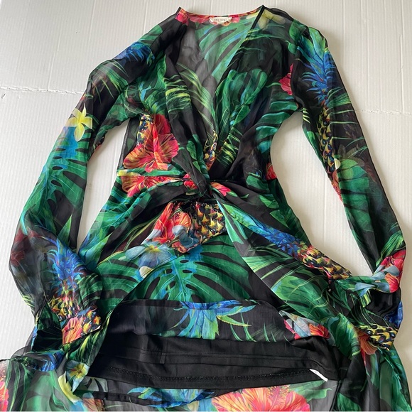 The Sang Vibrant Tropical Floral Print Maxi Dress Sheer Lined Skirt Under - Picture 9 of 10